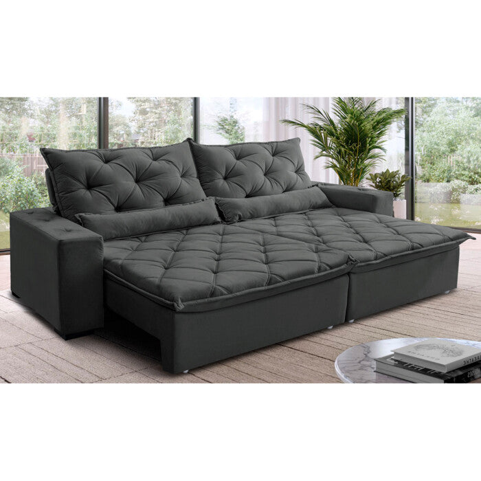 Sofá Lisboa 2,12m Retrátil, Reclinável com Molas no Assento Tecido Suede Velusoft Grafite - Cama InBox