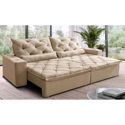 Sofá Sem Caixa Retrátil Reclinável 2,55m Cama inBox Versátil com Pillow Top e Molas Velusoft Bege