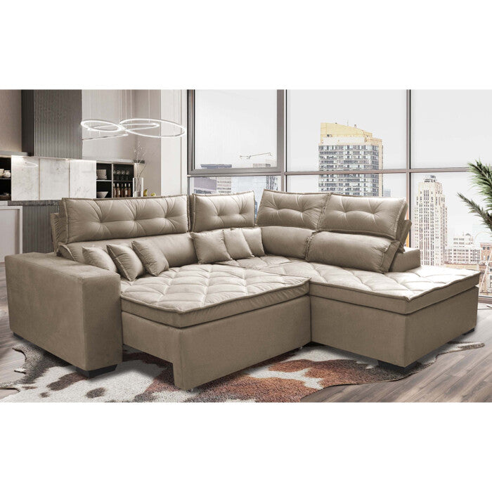 Sofá de Canto 2,60x2,36m Retrátil e Reclinável com Molas Cama inBox Platinum Direito Suede Bege